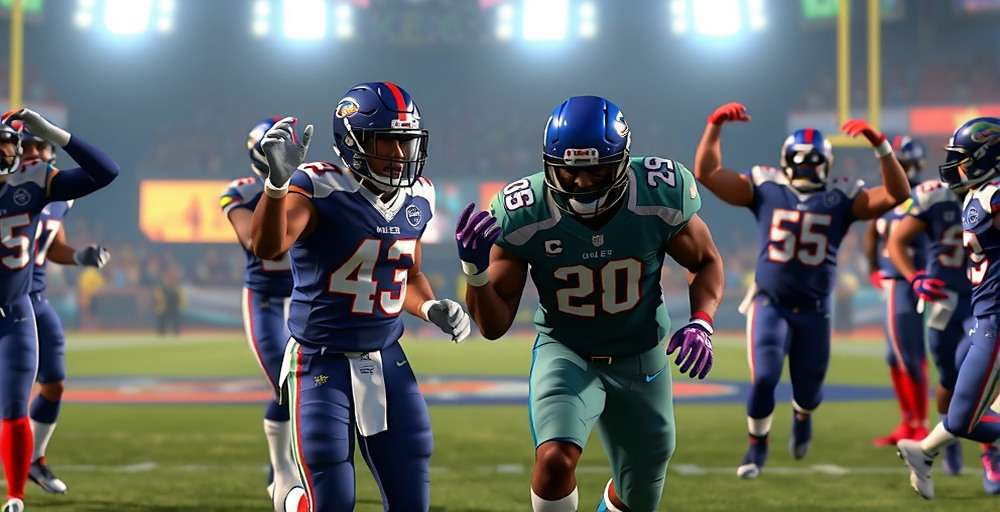 Indian NFL Glory gameplay showing Indian players in regional team jerseys celebrating a touchdown