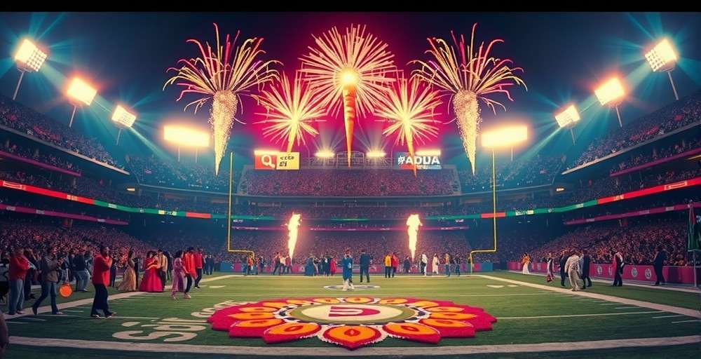 Indian NFL Glory Diwali special event with fireworks and rangoli patterns in the stadium