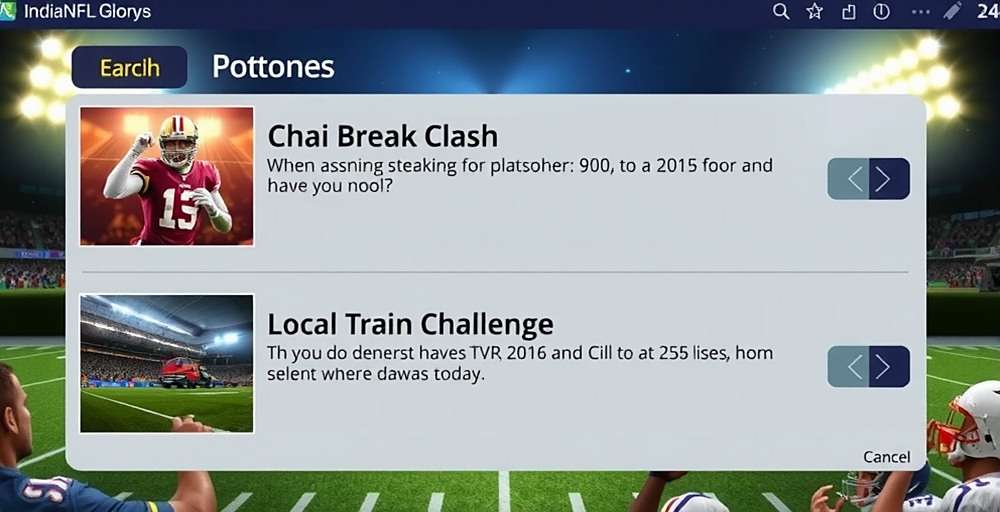 Indian NFL Glory game modes screen showing various options like Chai Break Clash and Local Train Challenge